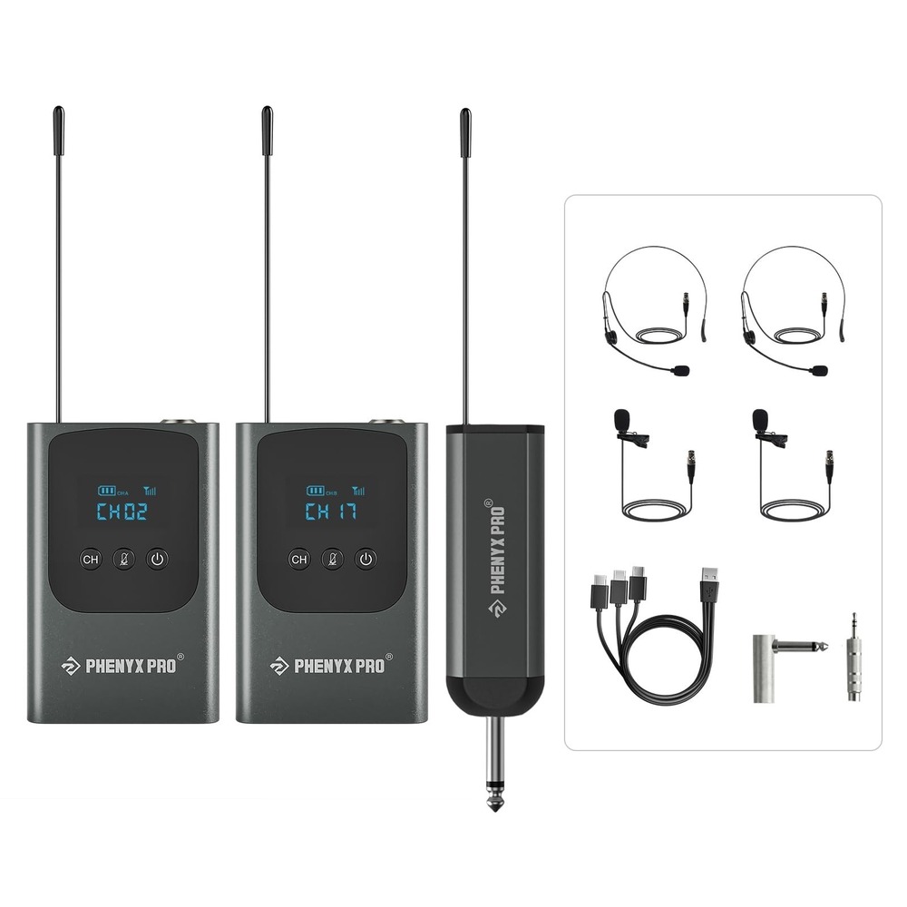 Phenyx Pro PDP-2-2B Dual UHF Wireless Microphone System Headset Lapel 900MHz